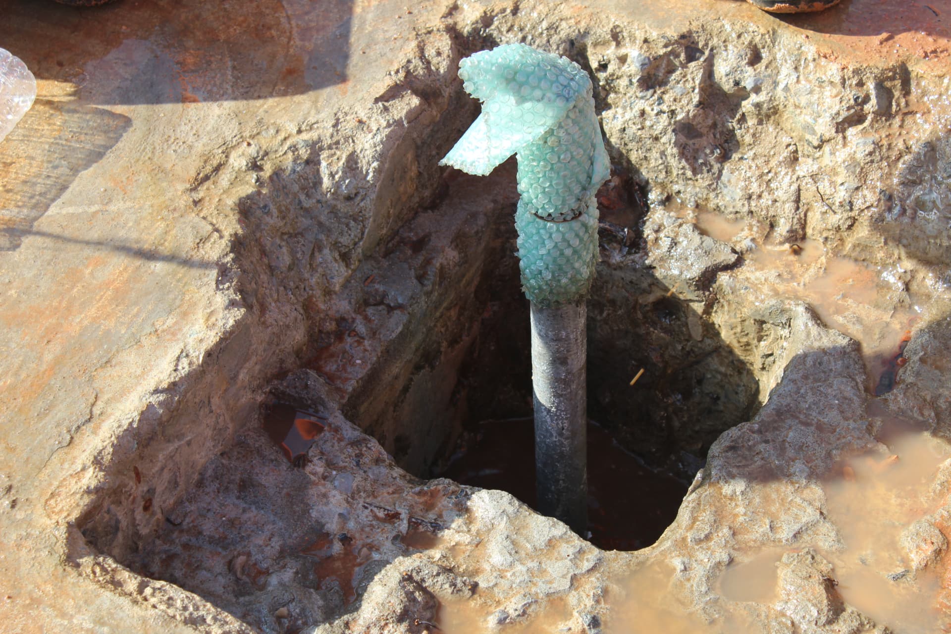 Protected anchor bolt projecting from a broken-out foundation pocket
