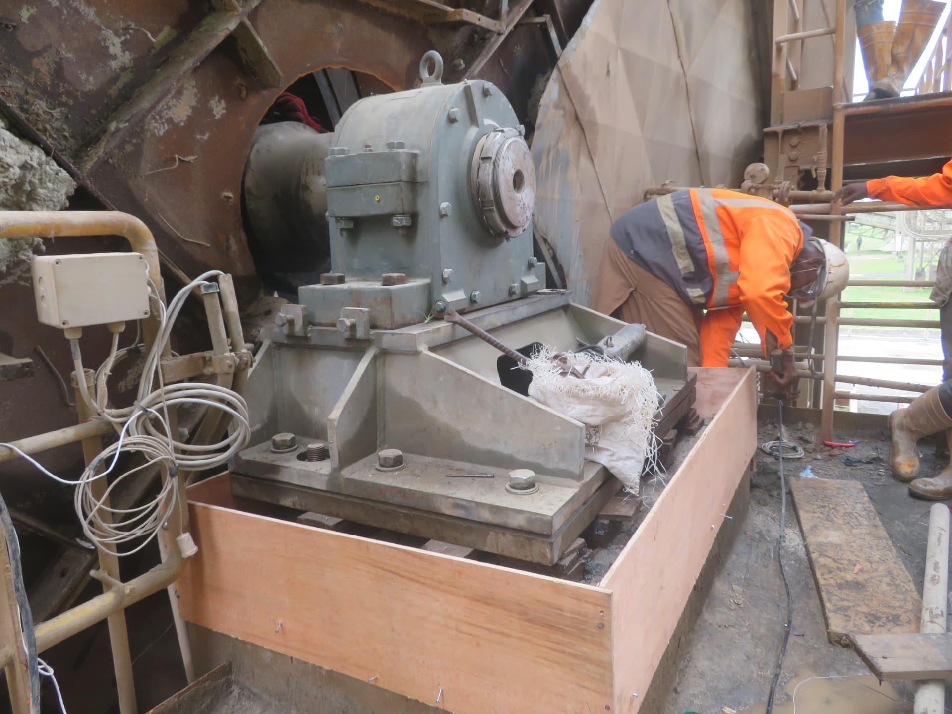 Prepared gearbox base plate ready for non-shrink grout