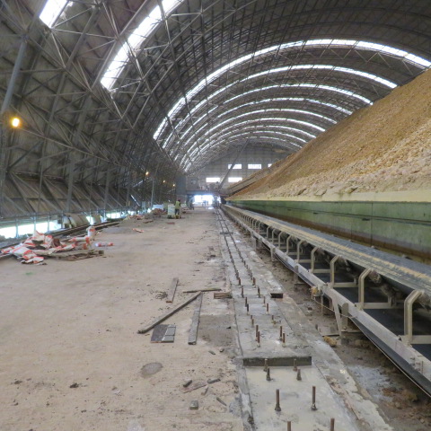 Wide view of the reclaimer rail works inside the clinker storage hall