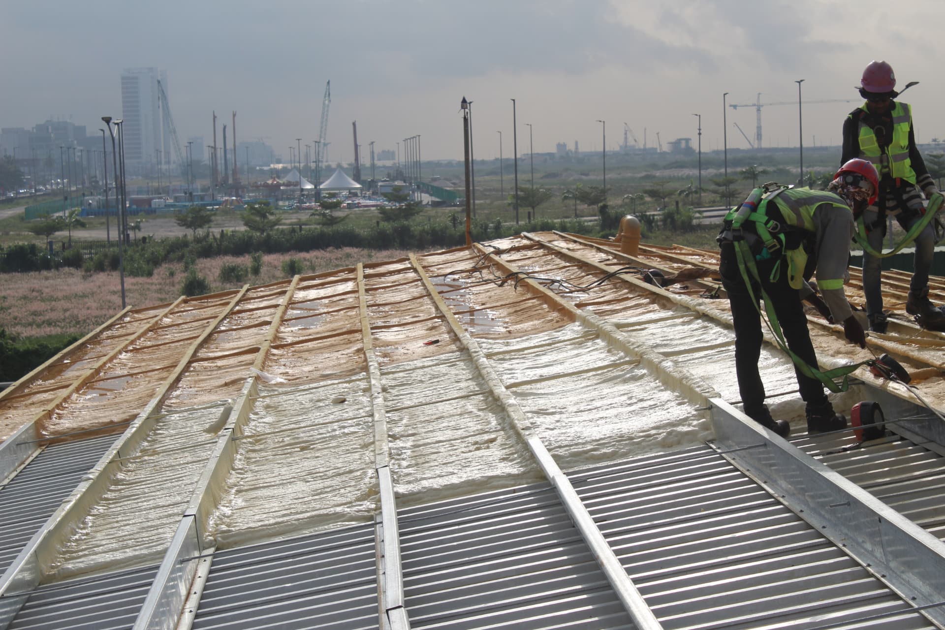 Freshly sprayed foam curing between the metal roof sheets
