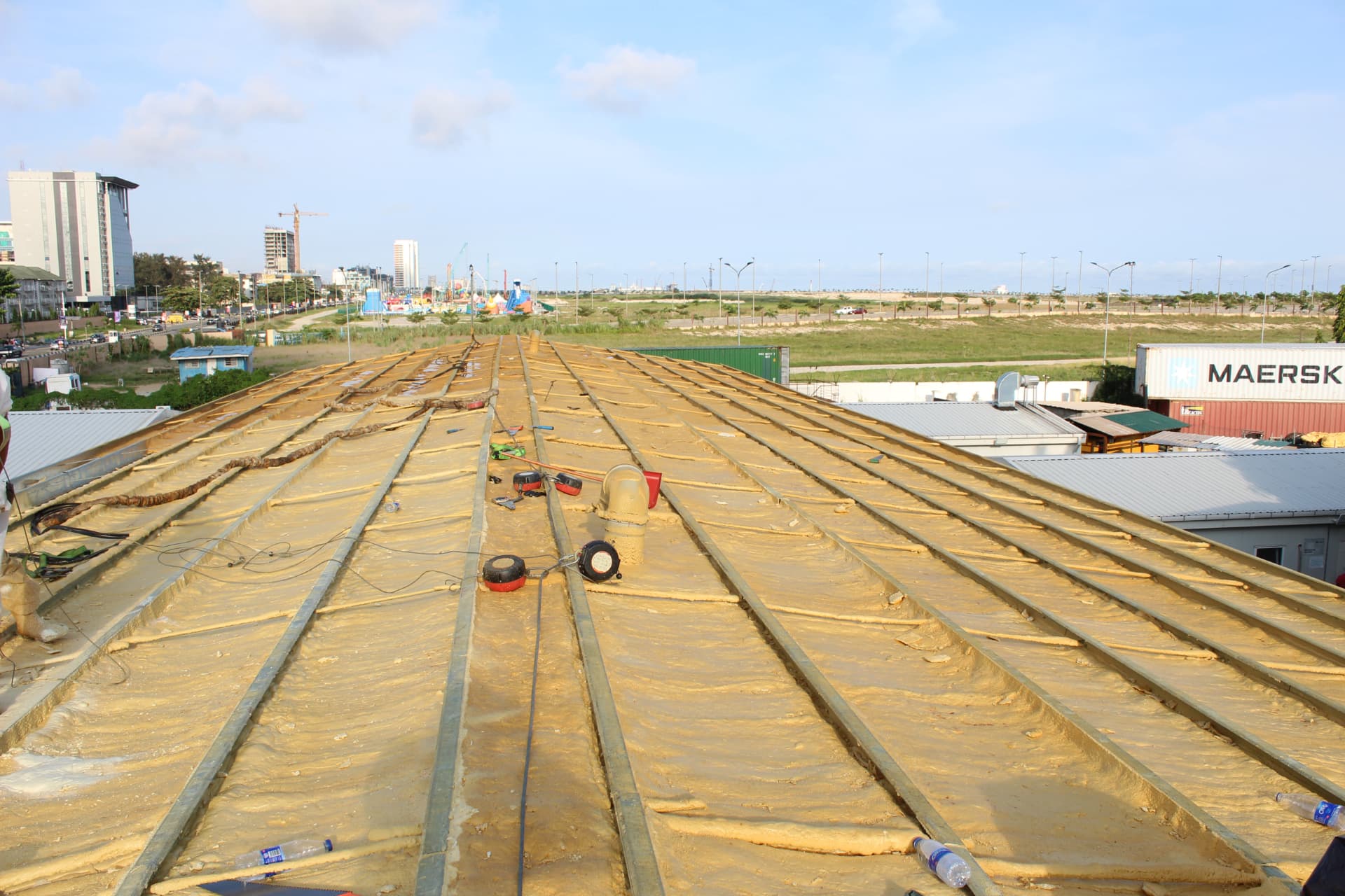 Long view of the fully foamed roof deck ready for sheeting