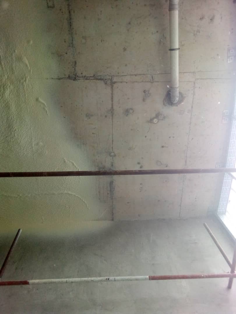 Freshly sprayed foam insulation to a wall and slab corner behind scaffold rails